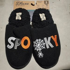 NWT Dluxe by Dearfoams Black "Spooky" Halloween Slippers Slip On House Shoes New
